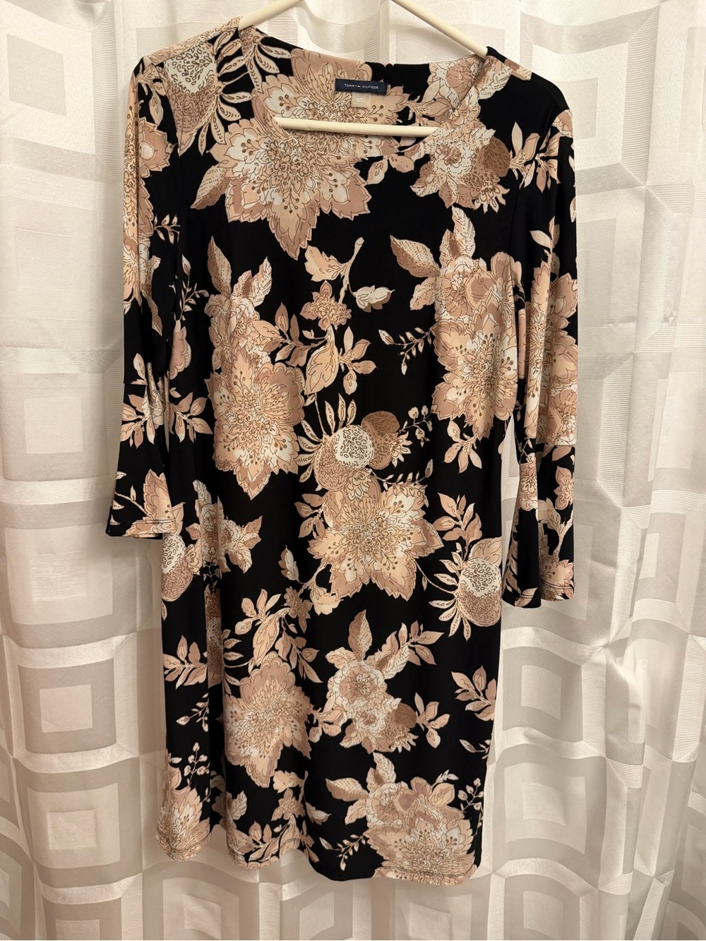 Tommy Hilfiger black cream floral patterned long sleeve sheath dress size 12
